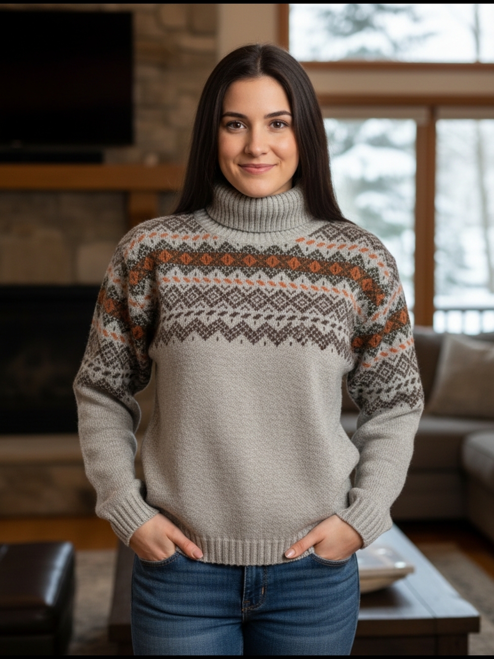 Neutral Gray Fair Isle Turtleneck Sweater with Rust Accents